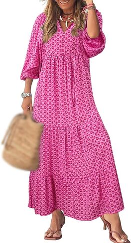 Womens Loose Fit Casual Summer V Neck Half Sleeve Dresses Bohemian Boho Dress Geometric Pattern Maxi Long Hawaii in Saudi Arabia