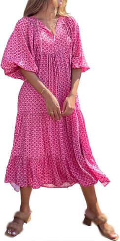 Womens Loose Fit Casual Summer V Neck Half Sleeve Dresses Bohemian Boho Dress Geometric Pattern Maxi Long Hawaii in Saudi Arabia