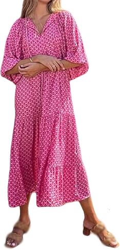 Womens Loose Fit Casual Summer V Neck Half Sleeve Dresses Bohemian Boho Dress Geometric Pattern Maxi Long Hawaii in Saudi Arabia