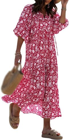 Womens Loose Fit Casual Summer V Neck Half Sleeve Dresses Bohemian Boho Dress Geometric Pattern Maxi Long Hawaii in Saudi Arabia