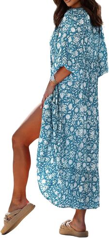 Womens Loose Fit Casual Summer V Neck Half Sleeve Dresses Bohemian Boho Dress Geometric Pattern Maxi Long Hawaii in Kuwait