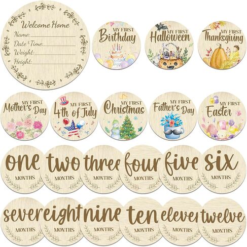 Threetols 7pcs Wooden أول علامة بطاقات العطلات ، ودعم المولود حديث الولادة ، الرحلة الحمل ، نمو الطفل ، أول عطلتي ، عطلتي ، معلم الخشب ، هدايا استحمام الطفل in Kuwait