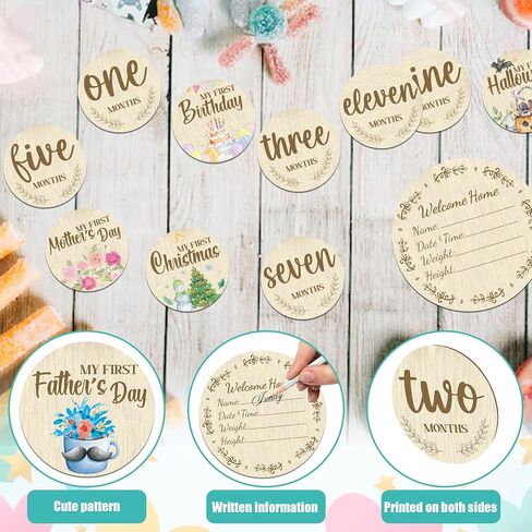 Threetols 7pcs Wooden أول علامة بطاقات العطلات ، ودعم المولود حديث الولادة ، الرحلة الحمل ، نمو الطفل ، أول عطلتي ، عطلتي ، معلم الخشب ، هدايا استحمام الطفل in Kuwait