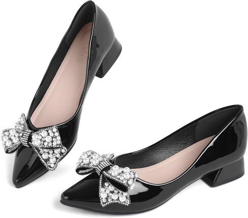 Women's Pumps Low Chunky Block Heel Rhinestone Closed Pointed Toe Comfortable Slip on Work Dress Shoes for Office in Saudi Arabia