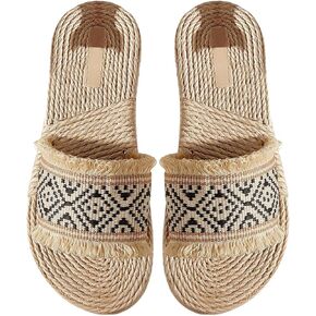 OYOANGLE Women's Braided Single Band Straw Slide Sandals Open Toe Slip on Boho Fringe Sandal