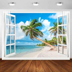 Summer Seaside Backdrop 7 x 5 ft, Tropical Beach Palm Tree Photo Background, Holi Window Scenery Ocean Banner for Portrait Photography Party Supplie Decoration
