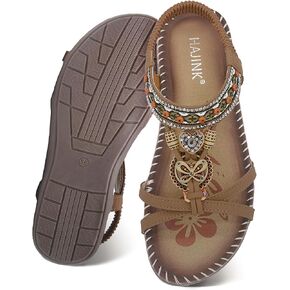 Sandals Women Comfort Dressy Womens Flat Sandals Non Slip On Bohemian Summer Beach Shoes With Elastic Ankle Strap Brown Green