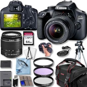 Canon EOS 3000D/EOS Rebel T100 DSLR كاميرا مع Canon EF-S 18-55mm f/3.5-5.6 DC III Zoom Lens + 50 '' Tripod + Deluxe Pundle ، Black (متجدد)