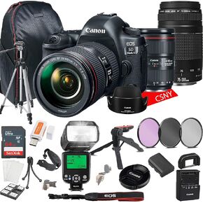 Canon EOS 5D Mark IV DSLR Camera w/EF 24-105mm f/4L is II USM Lens + 75-300mm F/4-5.6 III Lens + 64GB Memory + Back Pack Case + Tripod, TTL Flash, Filters, & More (28pc Bundle) (Renewed)