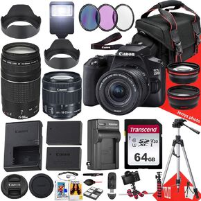 Canon EOS 250D/REBEL SL3 DSLR كاميرا مع EF-S 18-55MM F/4-5.6 هي STM و EF 75-300MM F/4-5.6 III LENS + 64 GB الذاكرة + بطارية إضافية + شاحن البطارية + أكثر (حزمة 34PC) (متجددة) ، Black) ، Black)