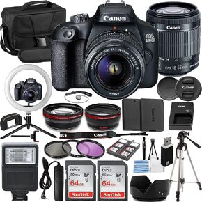 Canon EOS 4000D/T100 Vlogger Kit:EF-S 18-55mm is II Lens,64GB Memory Card,Ring Light,Spider Tripod,3 Piece Filter Kit,Gadget Bag,Remote Shutter,USB Card Reader & Cleaning Kit (Renewed)