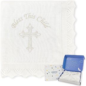 Cotton Baby Baptism Blanket – White Christening Shawl with Satin Trim & Embroidered Cross, Soft Receiving Blanket for Newborn Boys & Girls, 40x31 Inches with Gift Box