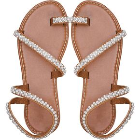 GORGLITTER Women's Pearl Strappy Flat Sandals Beaded Ankle Strap Toe Ring Trendy Dressy 2025 Sandal