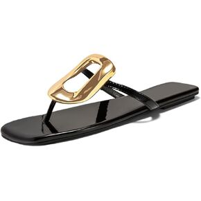 Womens Flat Sandals Leather Beach Comfort Open Square Toe Ladies Slipper Flip Flops Slippers Slippers Summer Beach Shoes with Metal Decoration