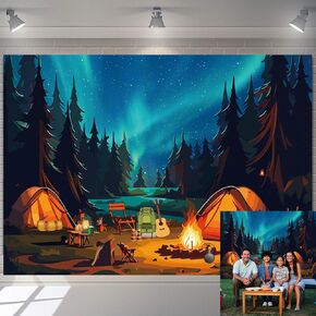 Forest Night Scene Camping Backdrop Adventure Theme Photography Background Happy Camper Banner Campfire Party Decorations Supplies for Adults Kids Birthday (7x5FT（210x150cm）)