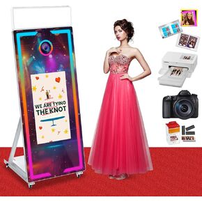 Magic Mirror Photo Booth 65'' Portable 32'' Touch Screen Mirror Photobooth with Camera and Printer and Square Light, Selfie Photo Booth Machine for Party Event Rentals (Black+Camera+Printer+108Paper)