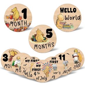 10 PCS Winnie Baby Bear Month Dircles ، أول معلم لي في العطلة ، ويني على بعد شهور علامات خشبية مع حقيبة تخزين ، وبطاقات صور ، وهدية مثالية ومتذكارات حديثي الولادة