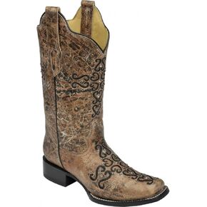 Corral Women's Distressed Bronze Crystal Embroidered Cross Square Toe Cowgirl Boots R1288 (8 B(M) US)