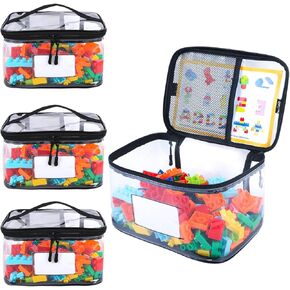 4 Pack Toy Storage Bags, Resealable Mylar Bags with Name Tag & Manual Pocket, Waterproof Transparent PVC Toy Organizer Case for Legos, Puzzles, Board games.(Black, 9.45x6.70x5.12 Inch)