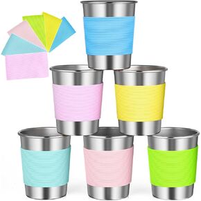 Mwellewm 6 Pack Coups Stainless Steel Coups for Kids 8 Oz Choilers Congs للشرب مع الأكمام السيليكون القابلة للتكديس للأطفال آمنة للأطفال