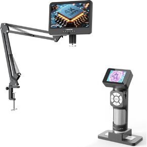 LM208S-A 4K Soldering Microscope Camera 1500X with Flex Arm Stand, 3840P Video Audio Record + LM112 Microscope for Kids Adults Handheld with 2" Screen, 500X
