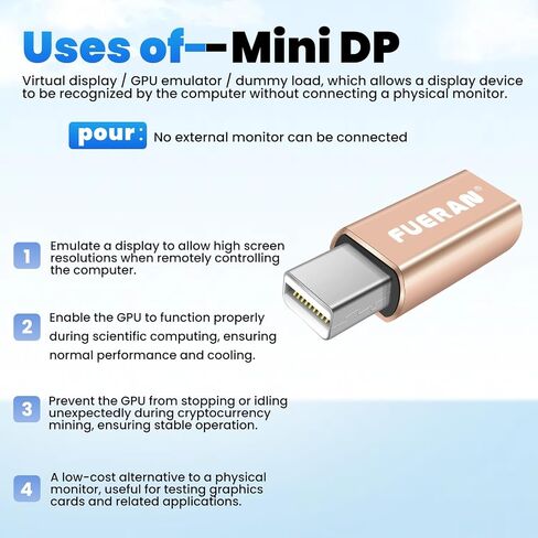 FUERAN Mini DP - DisplayPort Display Emulator EDID Emulator Plug (fit Headless 2560x1600@60Hz) in Kuwait