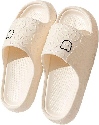 Cute Bear Pattern Slide Slippers, Indoor Non-Slip EVA Sole, Bathroom House Shoes for Men & Women, White in Saudi Arabia