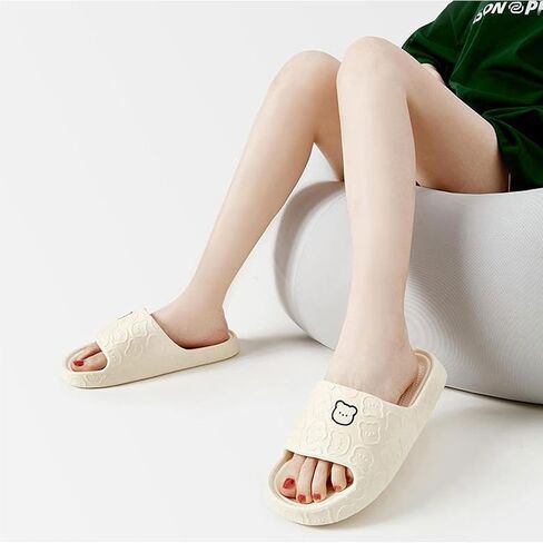 Cute Bear Pattern Slide Slippers, Indoor Non-Slip EVA Sole, Bathroom House Shoes for Men & Women, White in Saudi Arabia