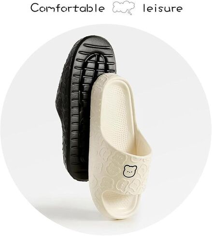 Cute Bear Pattern Slide Slippers, Indoor Non-Slip EVA Sole, Bathroom House Shoes for Men & Women, White in Saudi Arabia