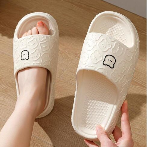 Cute Bear Pattern Slide Slippers, Indoor Non-Slip EVA Sole, Bathroom House Shoes for Men & Women, White in Saudi Arabia