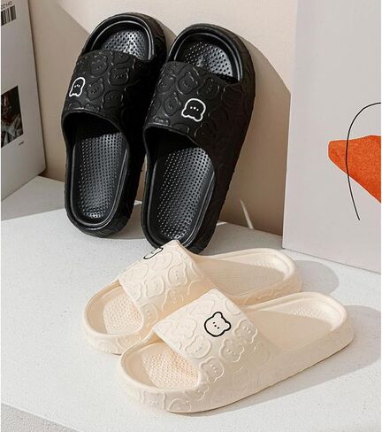 Cute Bear Pattern Slide Slippers, Indoor Non-Slip EVA Sole, Bathroom House Shoes for Men & Women, White in Saudi Arabia