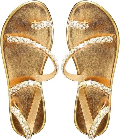 GORGLITTER Women's Pearl Strappy Flat Sandals Beaded Ankle Strap Toe Ring Trendy Dressy 2025 Sandal in Saudi Arabia