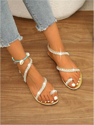 GORGLITTER Women's Pearl Strappy Flat Sandals Beaded Ankle Strap Toe Ring Trendy Dressy 2025 Sandal in Saudi Arabia