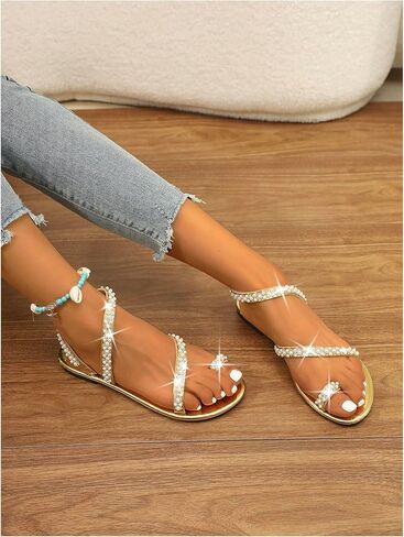 GORGLITTER Women's Pearl Strappy Flat Sandals Beaded Ankle Strap Toe Ring Trendy Dressy 2025 Sandal in Saudi Arabia