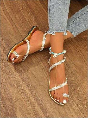 GORGLITTER Women's Pearl Strappy Flat Sandals Beaded Ankle Strap Toe Ring Trendy Dressy 2025 Sandal in Saudi Arabia
