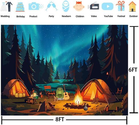 Forest Night Scene Camping Backdrop Adventure Theme Photography Background Happy Camper Banner Campfire Party Decorations Supplies for Adults Kids Birthday (7x5FT（210x150cm）) in Kuwait