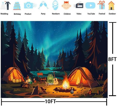 Forest Night Scene Camping Backdrop Adventure Theme Photography Background Happy Camper Banner Campfire Party Decorations Supplies for Adults Kids Birthday (7x5FT（210x150cm）) in Kuwait