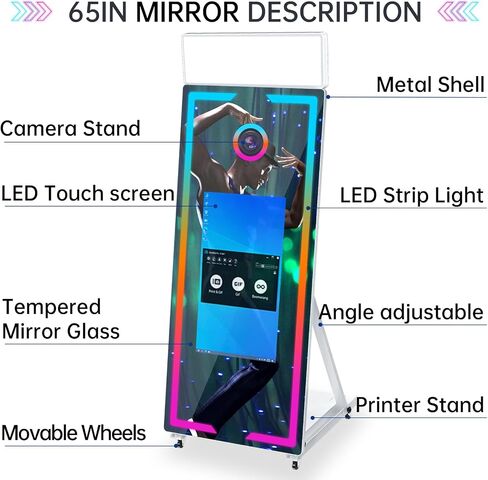 Magic Mirror Photo Booth 65 '' Portable 32 '"Photobooth Photobooth Photobooth مع الكاميرا والطابعة والضوء المربع ، آلة كشك صور شخصية لتأجير الأحداث (Black+Camera+Printer+108paper) in Kuwait