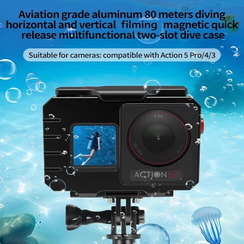 80M Waterproof Camera Dive Case with 1/4 Screw Hole & Cold Shoe, Underwater Diving Protective Housing Shell Compatible with Action5Pro/4/3 (2-Card Mount Base) in Kuwait