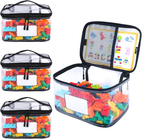 4 Pack Toy Storage Bags, Resealable Mylar Bags with Name Tag & Manual Pocket, Waterproof Transparent PVC Toy Organizer Case for Legos, Puzzles, Board games.(Black, 9.45x6.70x5.12 Inch) in Saudi Arabia