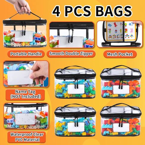 4 Pack Toy Storage Bags, Resealable Mylar Bags with Name Tag & Manual Pocket, Waterproof Transparent PVC Toy Organizer Case for Legos, Puzzles, Board games.(Black, 9.45x6.70x5.12 Inch) in Saudi Arabia
