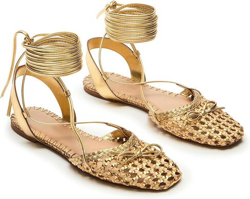 Woven Ballet Flats for Women Lace Up Closed Square Toe Summer Flats Shoes in Kuwait
