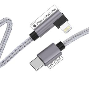 90 Degree iPhone Charger cable 10FT MFi Certified Right Angle iPhone Charger Nylon Braided Lightning to USB C PD Fast Charging Cable Data Sync Cord Compatible with iPhone 14/13/Pro/12/Max/11/X/XS/XR/8