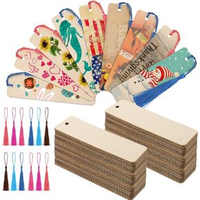 Zonon 36 Pieces Wood Bookmark Bulk Unfinished Blank Bookmarks with 36 Pieces 6 Colors Tassels, Wooden Book Markers Thin Hanging Tag with Holes for DIY Projects Wedding Party, 4.8 x 1.2 Inch