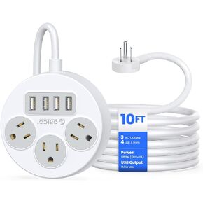 ORICO Flat Plug Power Strip with USB Ports, 5 Ft Extension Cord with Multiple Outlets, Travel Power Strip with 3 Outlets 4 USB Ports, No Surge Protection for Cruise Ship, Travel, Home, Dorm Room