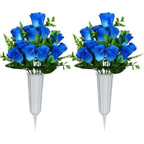 XONOR Artificial Cemetery Flowers, Set of 2 Artificial Rose Bouquet Grave Memorial Flowers with Vase for Cemetery Headstones Decoration (Blue)