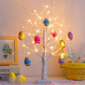 PEIDUO Easter Decorations for The Home, 2FT 24LT Easter Egg Tree Lighted with Battery Powered and Timer, Lighted Easter Tree Decor