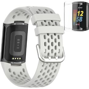 أحزمة متوافقة مع Fitbit Charge 5، حزام رياضي من السيليكون بتصميم فتحات الهواء لـ Fitbit Charge 6 / Charge 5 مع حافظة حماية شاشة شفافة من مادة TPU