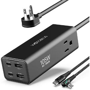 شاحن WOTOBEUS 105W USB C GaN - PD 100W Galaxy PPS45W محطة شحن فائقة السرعة ومخرج تيار متردد - شريط طاقة واقي من زيادة التيار لجهاز iPhone 15 14 iPad MacBook Pro Air Samsung S24 Type-C Laptop Pixel