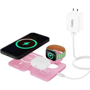 Miady 3 in 1 Charging Station for Apple Magsafe, 𝟏𝟖𝐖 Magnetic Wireless Charger, Foldable Travel Charger for iPhone 15/14/13/12 Pro Max, for Apple Watch Ultra/8/7/6/5/4/3/2/SE, for Airpods 3/2 Pro
